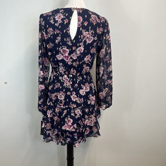 City Studio Dress size Small Navy Blue Pink Gold Floral Sheer Ruffles Wedding - Picture 10 of 11